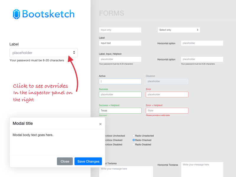 Contact Page screen design idea #201: Bootsketch Form and Modal Sample
