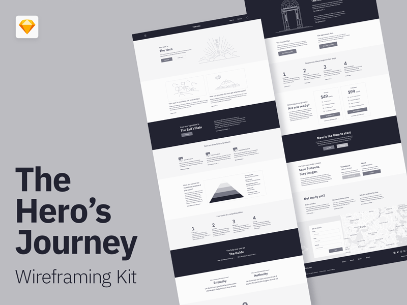 Wireframes idea #78: Hero Journey Wireframe Kit