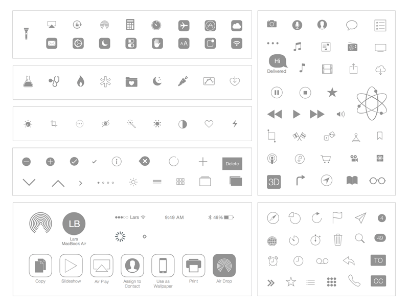 Apple iOS Icons - have a look under https://developer.apple.com/ios/human-interface-guidelines/graphics/system-icons/