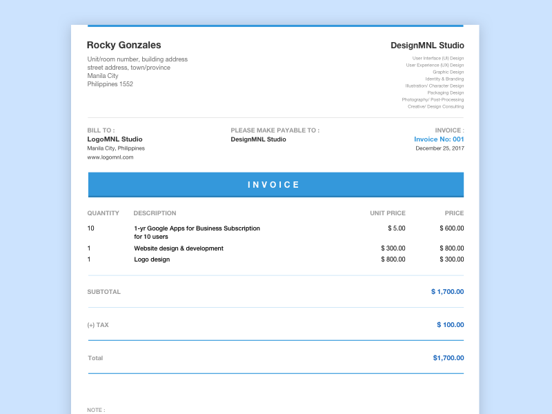 Website Design Invoice Template Database