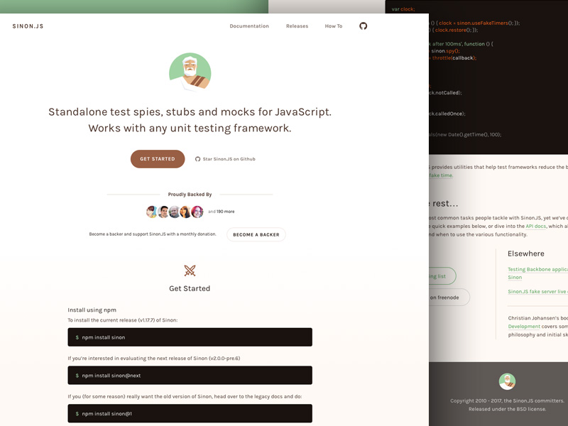 Homepages design idea #76: Sinon.JS Homepage Redesign